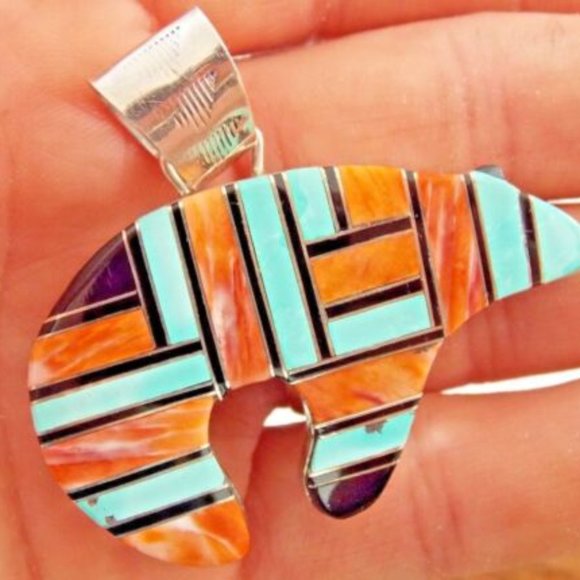 LARGE Navajo Handmade Sterling Silver Multicolor Inlay Bear Pendant 31g - Picture 3 of 7